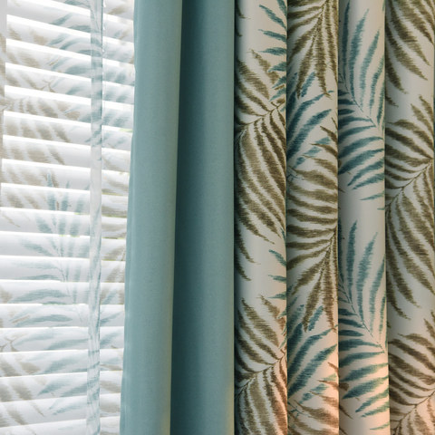 Palm Tree Leaves Blue Curtain With Border Voila Voile Palm Tree Leaves Blue Curtain With, Teal Patterned Curtains