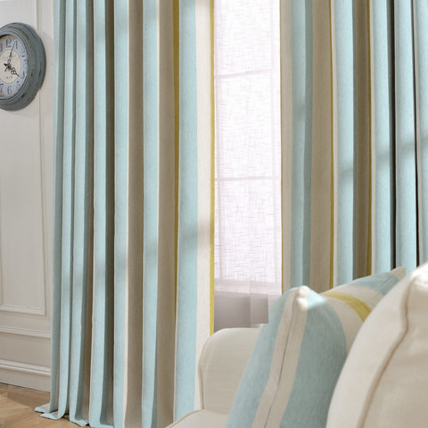 Sunshine Stripes Yellow White Light Blue Chenille Curtain 1