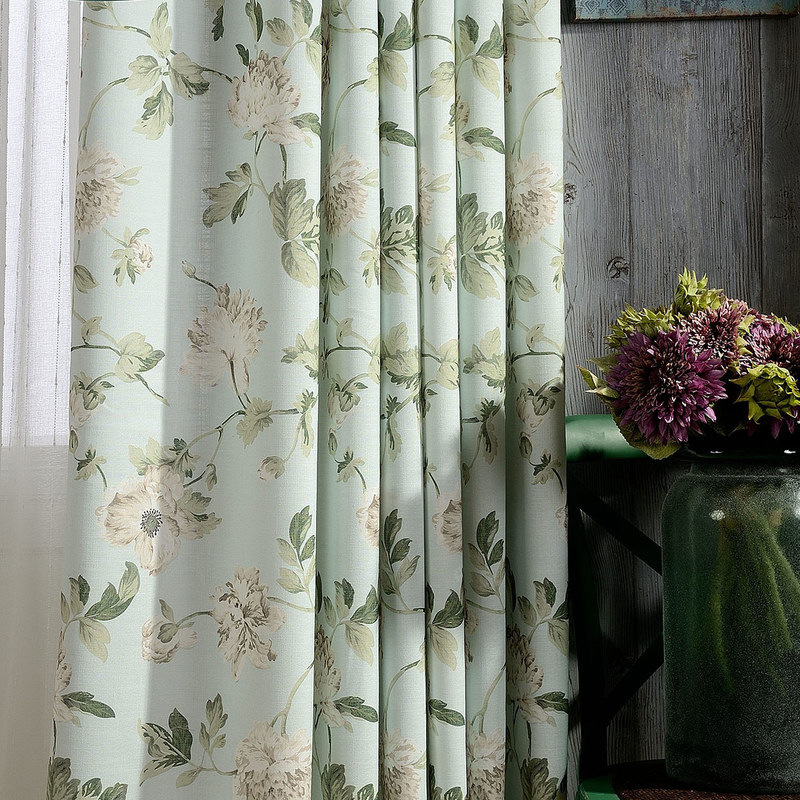 Pastel Peony Green and Cream Floral Curtain Voila Voile®
