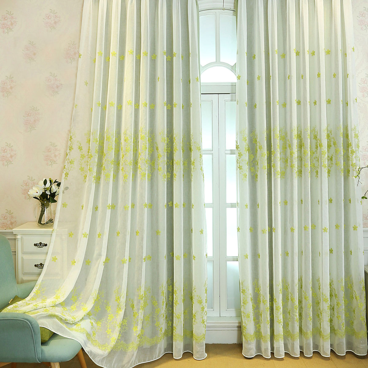 Green lined voile curtains