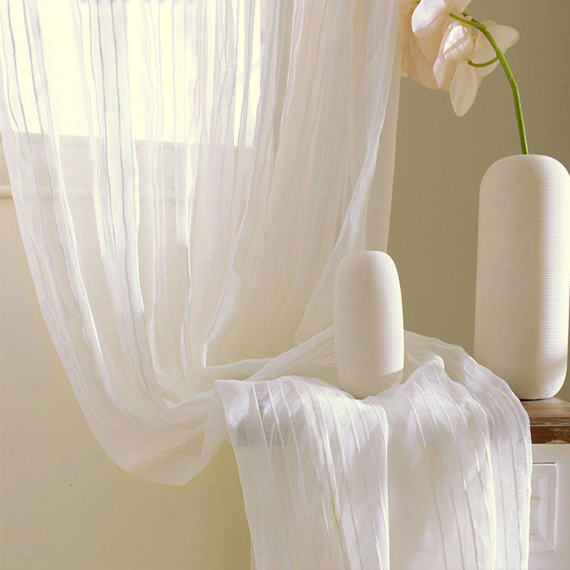 Calming Classic Striped White Linen Sheer Net Curtain Voila Voile®