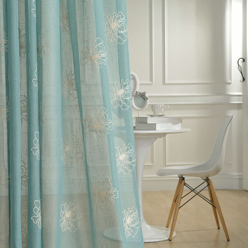 Flowers Of The Four Seasons Teal Blue Embroidered Sheer Voile Curtain Voila Voile