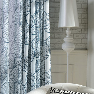 Lush Palm Tree Paradise Textured Navy Semi Sheer Curtain 1