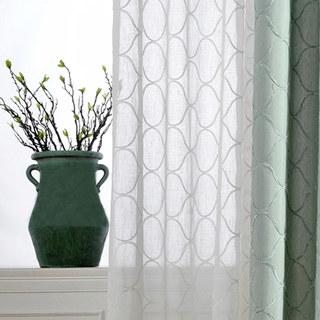 Arabesque Wave Embroidered Ivory White Trellis Sheer Curtain