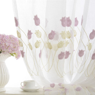 Tulip Fever Pink And Yellow Embroidered Floral Sheer Curtain 2