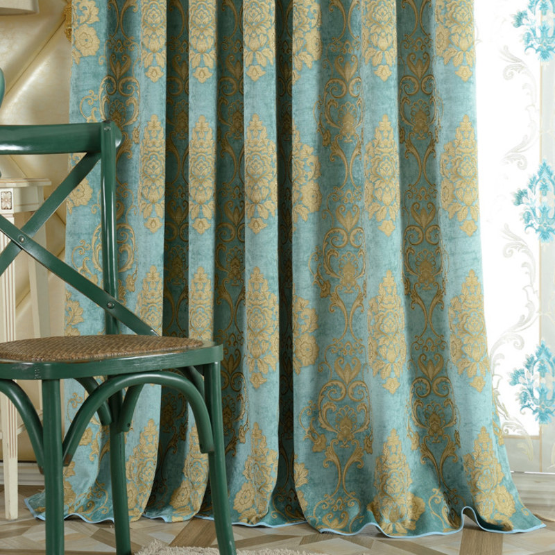 Luxury Damask Heavy Chenille Jacquard, Green And Blue Curtains
