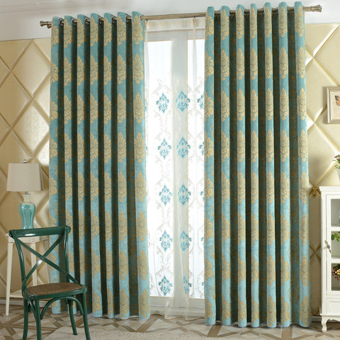 2 PCS Luxury Blue Damask Chenille Jacquard Window Curtain Panels Style 082 