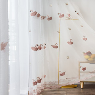 Royalty Sheer Voile Curtains With Embroidered Pink Swans 2