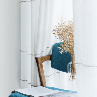 Gracie White Linen Horizontal Band Sheer Curtains 4