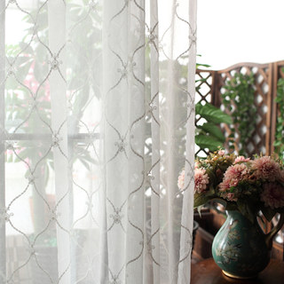 Fleur White Sheer Curtains with Embroidered Trellis and Royal Detailing