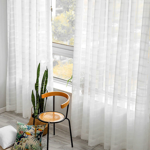 Roma Striped Grid Textured Weaves White Sheer Curtains 1
