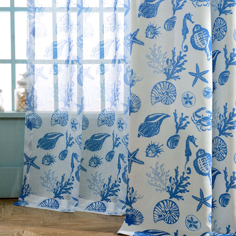 Seaside Spirit Blue Sheer Voile Curtains Voila Seaside Spirit Blue Sheer Voile, Sheer Patterned Curtains Uk