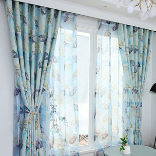 Swaying In The Breeze Blue Block Leaf Print Sheer Curtain 3