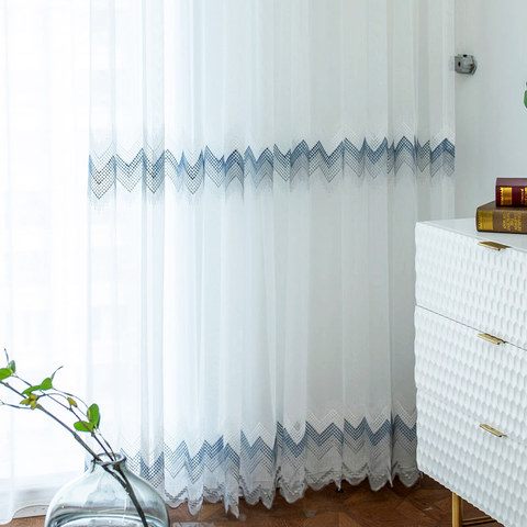 Zigzag White Blue and Gray Sheer Curtains with Embroidered Dot Detail and Scalloped Edge 1