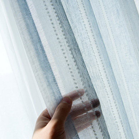 Cloudy Skies Blue Gray and White Striped Sheer Curtains with Textured Bobble Detailing 1