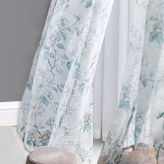 Brambles Foliage Grey Blue Print with Embroidered Flower Overlay Sheer Curtain 1