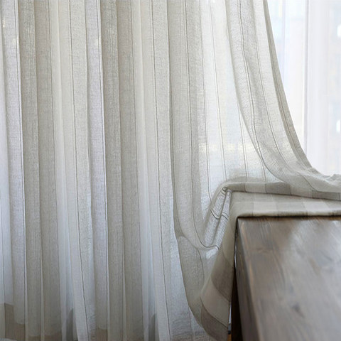 Natures Hug Sand and Mist Light Gray Striped Linen Sheer Curtain 1