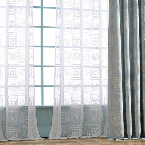 Spiral Maze Pattern Embroidered Cotton White Sheer Curtain 1
