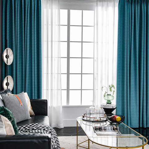 Houndstooth Patterned Teal Blue Blackout Curtain Ds