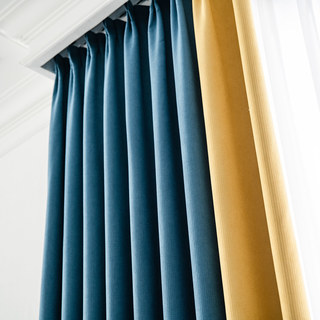 Two Tone Ribbed Textured Blue and Royal Gold Blackout Curtain Drapes 3