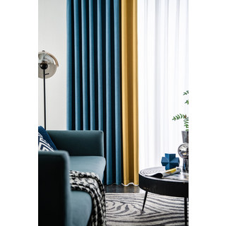 Two Tone Ribbed Textured Blue and Royal Gold Blackout Curtain Drapes 7