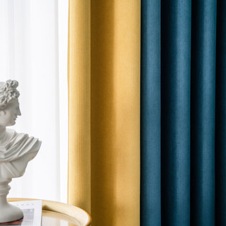 Two Tone Ribbed Textured Blue and Royal Gold Blackout Curtain Drapes 4