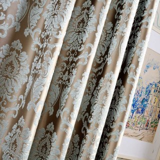 Demure Florals Damask Jacquard Blue Curtain Drapes 3