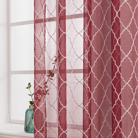 Fancy Trellis Wine Burgundy Red Detailed Embroidered Sheer Curtain 1