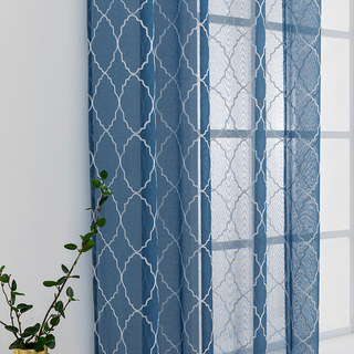Fancy Trellis Denim Blue Detailed Embroidered Sheer Curtain