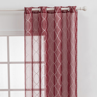 Fancy Trellis Wine Burgundy Red Detailed Embroidered Sheer Curtain 2