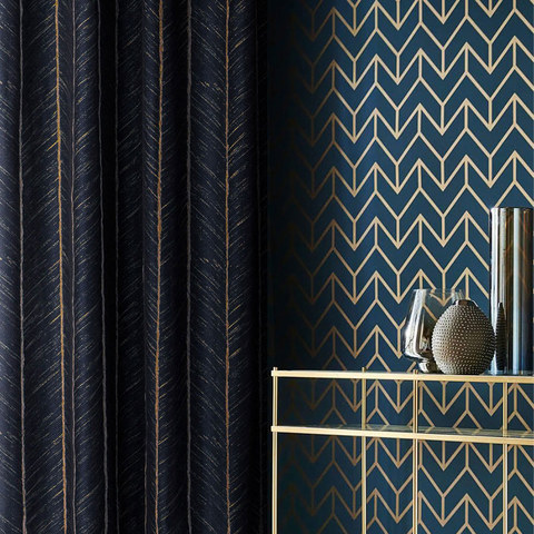 New Look Luxury Art Deco Herringbone Navy Blue & Gold Curtain 1