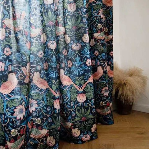 Bringing the Garden Indoors William Morris Strawberry Thief Dark Navy Blue Floral Jute Style Curtain 1