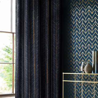 New Look Luxury Art Deco Herringbone Navy Blue & Gold Curtain 7