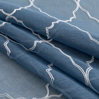 Fancy Trellis Denim Blue Detailed Embroidered Sheer Curtain 2