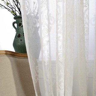 Demure Florals Damask Embroidered Ivory White Sheer Curtain