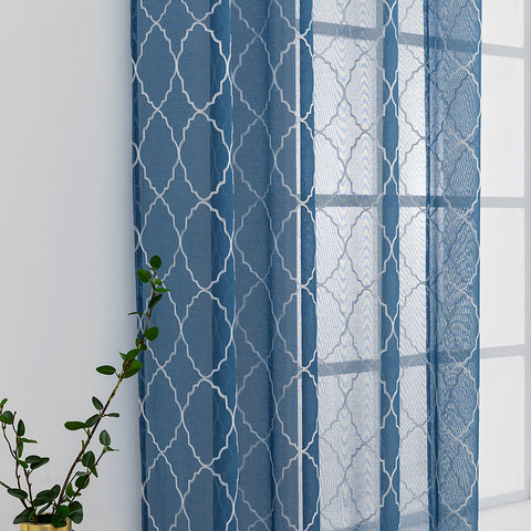 Fancy Trellis Denim Blue Detailed Embroidered Sheer Curtain 1