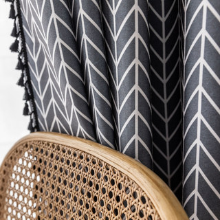 Shard Mid Century Modern Dark Charcoal Herringbone Curtain with Black Tassel 13