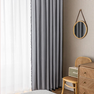 Shard Mid Century Modern Dark Charcoal Herringbone Curtain with Black Tassel 4