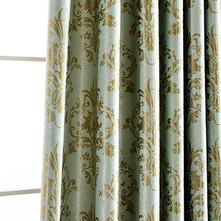 Golden Times Gold Sheen Damask Floral Pastel Blue Curtain 1
