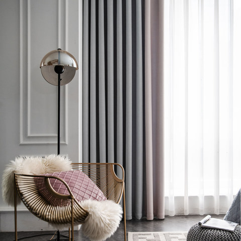 Two-Tone Ribbed Textured Light Grey and Blush Pink Blackout Curtain