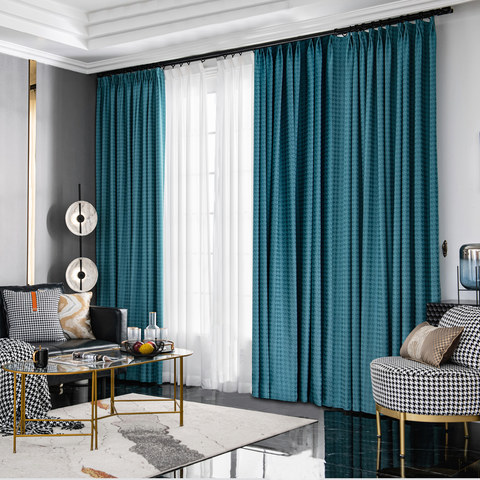 Houndstooth Patterned Teal Blue Blackout Curtain