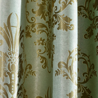 Golden Times Gold Sheen Damask Floral Pastel Blue Curtain