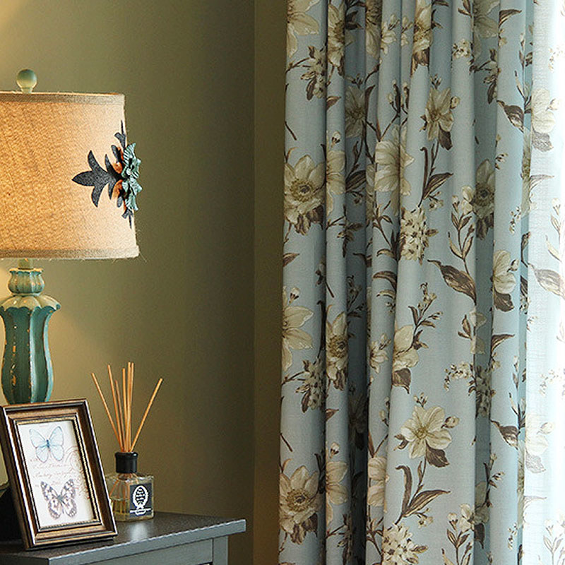 Smell The Gardenia Pastel Blue Floral Curtain