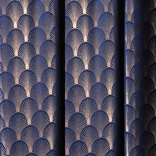 The Roaring Twenties Luxury Art Deco Shell Pattern Navy Blue & Gold Geometric Curtain 4
