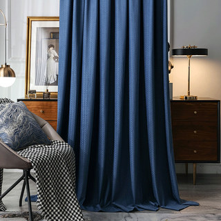 Scandinavian Basketweave Textured Navy Blue Velvet Blackout Curtain Drapes