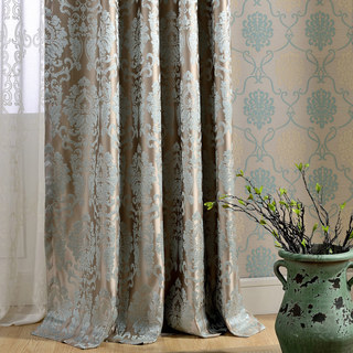 Demure Florals Damask Jacquard Blue Curtain Drapes 4