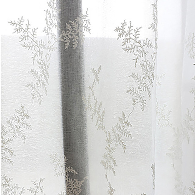 Ivory/Cream Floral Blue Tree Branches Embroidered on White Lace Sheer Curtain 