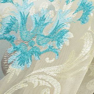 Luxury Damask Turquoise Teal Blue Embroidered Sheer Curtain 4