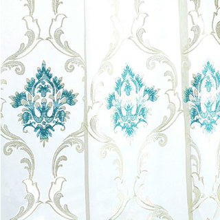 Luxury Damask Turquoise Teal Blue Embroidered Sheer Curtain 3