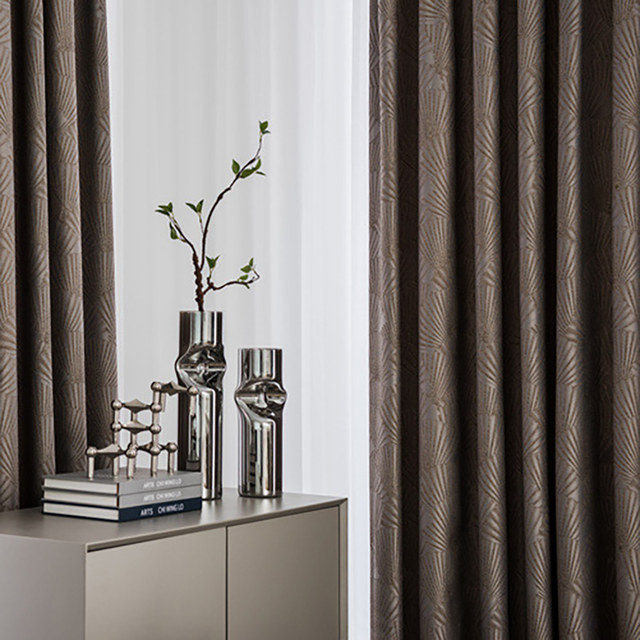 Oriental Fans Luxury Art Deco Jacquard Patterned Brown & Gray Curtain 1
